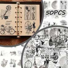 50Pcs Vintage Black And White Poster Stickers With Transparent PET Cut, Featuring Roman Numerals, Floral Patterns, Butterflies And Birdcages, Perfect For DIY Diaries, Clipboards, Mobile Phones