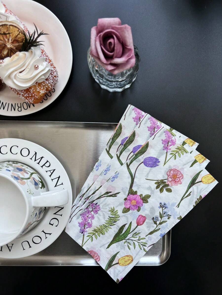 20 件/套，彩色花卉盛放餐巾，13 英寸 x 15.7 英寸，一次性印花餐巾，适用于婚礼、节日、茶会、家居装饰、餐厅酒店、派对用品，纸浆材料 - 彩色 - 查看 1