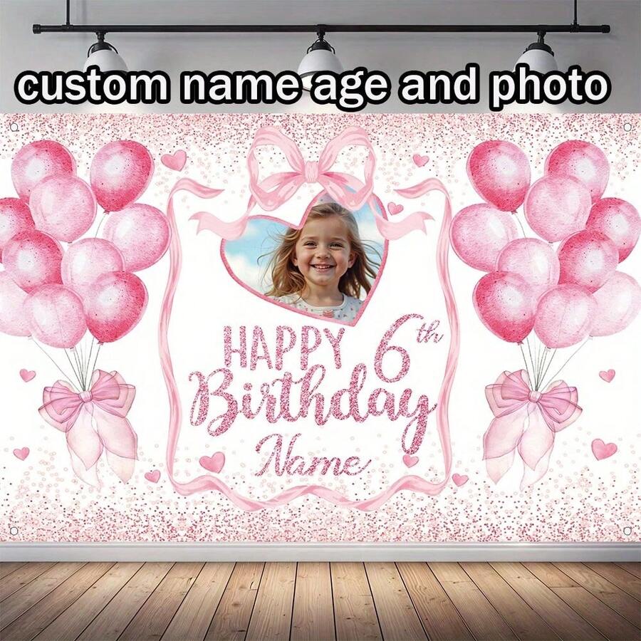 1pc Customized Glitter Pink Birthday Party Banner, Personalized With Name, Age And Photo, Designed With Balloons And Gift Box, Personalized Happy Birthday, Cake Table, Home, Outdoor, Garage Or Yard Decor - Multicolor - View 1