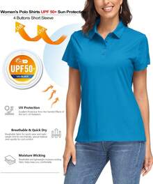 KEFITEVD Women's Polo Shirts UPF 50+ Sun Protection 4 Buttons Casual Work Quick Dry Short Sleeve Collared Golf Shirt - 藍綠色 - 查看 3