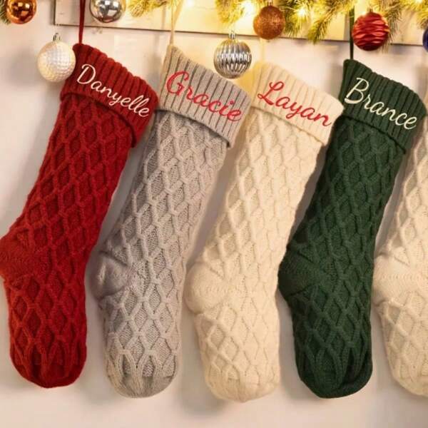 Custom Christmas Stockings With Embroidered Names, Knitted Letter Socks For Family Holiday Decor, Gifts For Ages 15 And Up