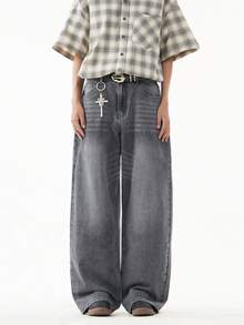 1pc Justice Brother Casual High Street Washed Snowflake Loose Wide-Leg Jeans Pants For Men (Belt And Accessories Not Included) - Grey - View 3