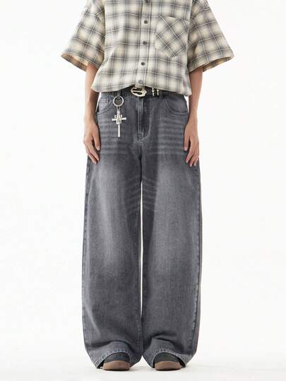 1件 Justice Brother 男士休闲高街水洗雪花宽松阔腿牛仔裤（不含腰带和配饰）