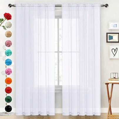 2 Panels Basic Rod Pocket Sheer Voile Window Curtain Panels 39.37 Inch Width 78.74 Inch Long For Kitchen Bedroom Children Living Room Yard