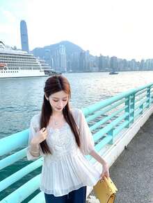 Chiffon French Blouse, Delicate & Graceful Holiday Sweet Doll Shirt, Solid Color - White - View 7