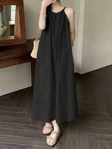 新款法式浪漫风细肩带连衣裙，宽松修身长裙，优雅简约休闲连衣裙 - 黑色 - 查看 4