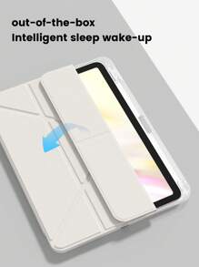 A Transparent Acrylic Y-Fold Tablet Case With A White Y-Fold Stand And An Internal Pen Slot. It Is A Simple/Casual/Classic/Business IPad Folding Tablet Case With A Pen Slot, Compatible With Ipad Mini6 Mini7 / Air1 / Air2/10.5/9.7/10.2 / / Air4 / Air5/10 Th / 10.9 / Pro11 Inch/Pro12.9 / / Air 11 - In. (M2) - 13-2024 / Air In. (M2) - 2024 / Pro 11-In.(M4)-2024/Pro13-In.(M4)