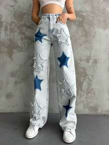 Women's Casual Fashion Pocket Zipper Button Wide Leg Jeans - Mint Blue - View 2