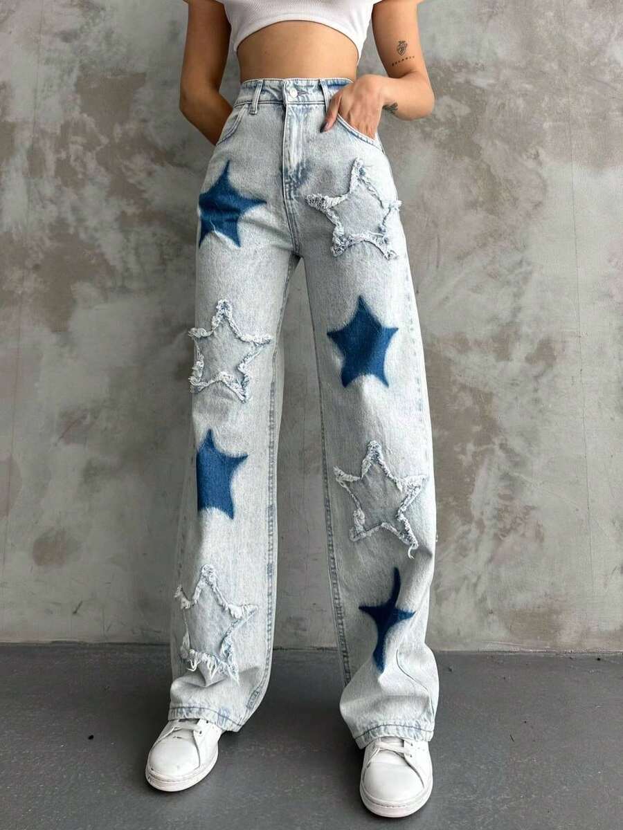 Women's Casual Fashion Pocket Zipper Button Wide Leg Jeans