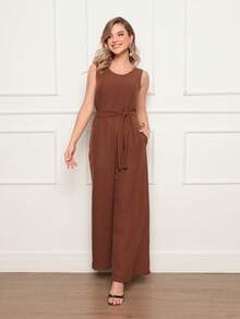 Women's Sleeveless Long Jumpsuit With High Waist Tie Belt And Side Pockets – Elegant And Comfortable - 咖啡棕 - 查看 3