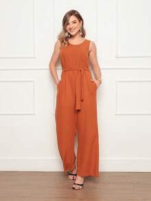 Women's Sleeveless Long Jumpsuit With High Waist Tie Belt And Side Pockets – Elegant And Comfortable - 瓦 - 查看 1