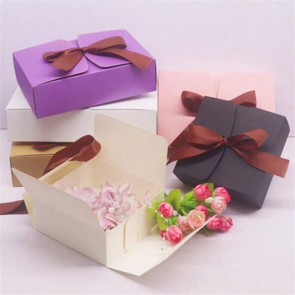 10pcs Ribbon Gift Box, Multi Size Handmade Gift Candy Baking Packaging Box