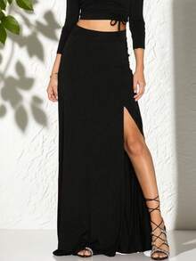 Jupe longue élégante et décontractée pour femmes avec fente latérale, jupe trapèze ajustée - Noir - Voir 1
