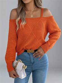 Women Open Shoulder Off Shoulder Plaid Print Long Sleeve Pullover Sweater, Autumn/Winter - Orange - View 5