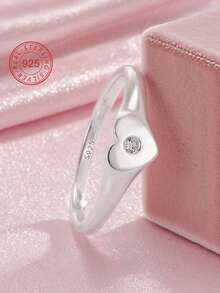 Artepollo 1pc 925 Sterling Silver Hypoallergenic Heart Ring, Inlaid With Sparkling Cubic Zirconia, Gift Box Packaging, Birthday Gift For Friends, Back To School Gift - one-size - View 2