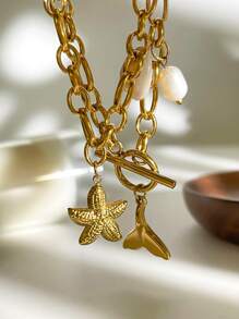 新款女士不锈钢链式手链，时尚 OT 扣设计，搭配海洋风格吊坠，适合个性化日常佩戴 - 金色 - 查看 4