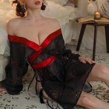 Black Japanese Style Kimono Outfit Sexy Lingerie Uniform Pure Desire No-Take-Off Pajamas Print - 黑色 - 查看 2