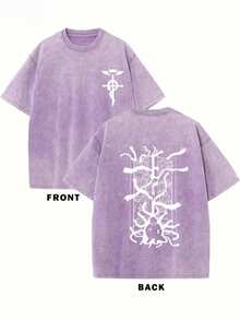 230g Double-Sided Washed, Masked Mysterious Men's Printed T-Shirt, High-Quality Wax Printed Cotton Retro Fashion Brand T-Shirt, Men's T-Shirt, Beach Essential, Summer T-Shirt, Holiday Gift, Perfect Gift - 紫色 - 查看 1