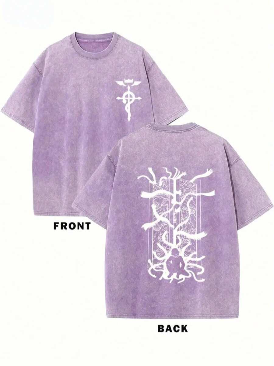 230g Double-Sided Washed, Masked Mysterious Men's Printed T-Shirt, High-Quality Wax Printed Cotton Retro Fashion Brand T-Shirt, Men's T-Shirt, Beach Essential, Summer T-Shirt, Holiday Gift, Perfect Gift - 紫色 - 查看 1