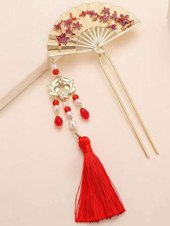 1件传统中式风格女士发饰，迷你金属扇形发夹，古朴风格装饰发簪，丸子头固定器，适合日常佩戴、派对、聚会、跳舞、购物、约会等场合，优雅发夹，展现经典魅力和优雅风格，学生用品，发饰