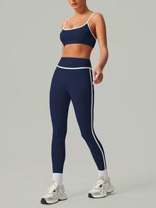 2 PCS CO Ord Set Spring And Summer Women Fashion White Line Yoga Sports Bra And Leggings - Navy Blue - View 6