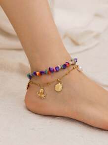 2pcs Bohemia Beach Holiday Style Seashell Starfish & Fish Tail Multi-Layer Colorful Stone Anklets