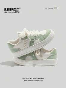 BEIER 秋冬女士休闲运动鞋，新款春夏户外时尚百搭系带平底圆头皮革拼接运动鞋