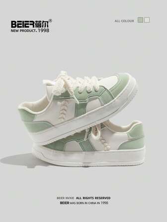 BEIER 秋冬女士休闲运动鞋，新款春夏户外时尚百搭系带平底圆头皮革拼接运动鞋