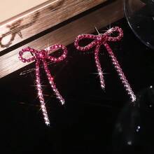 Bow Earrings For Women Rhinestone Long Tassel Earrings Ribbon Bow Drop Earring Silver Stainless Steel Dangle Earrings Cute Sparkly Jewelry - 玫紅色 - 查看 4
