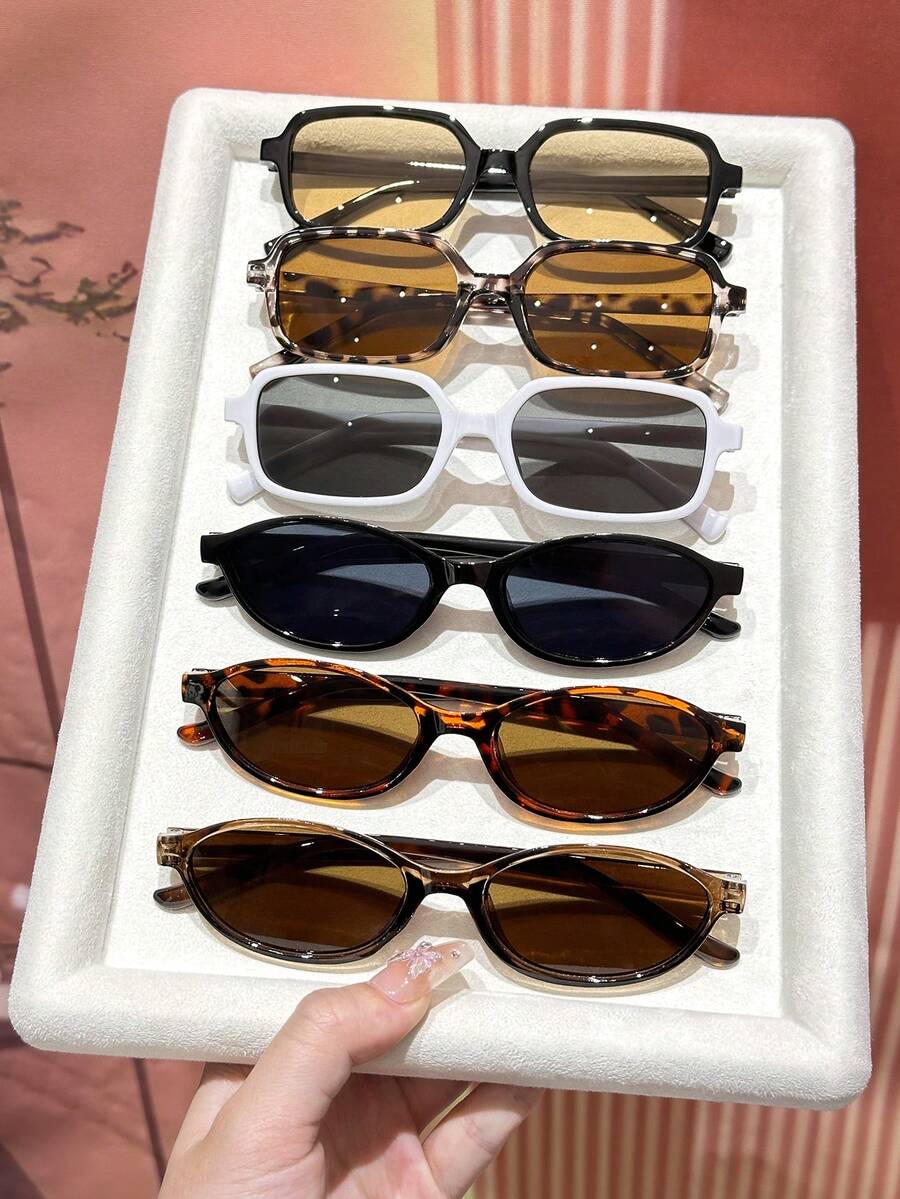 6副装多色豹纹几何复古经典时尚女式眼镜，适合送礼、日常佩戴、街头摄影、音乐节、热带海滩度假、家庭出游、约会等场合，适合所有脸型，附赠眼镜盒 - 6pcs 黑白香檳灰豹紋茶組合 - 查看 1