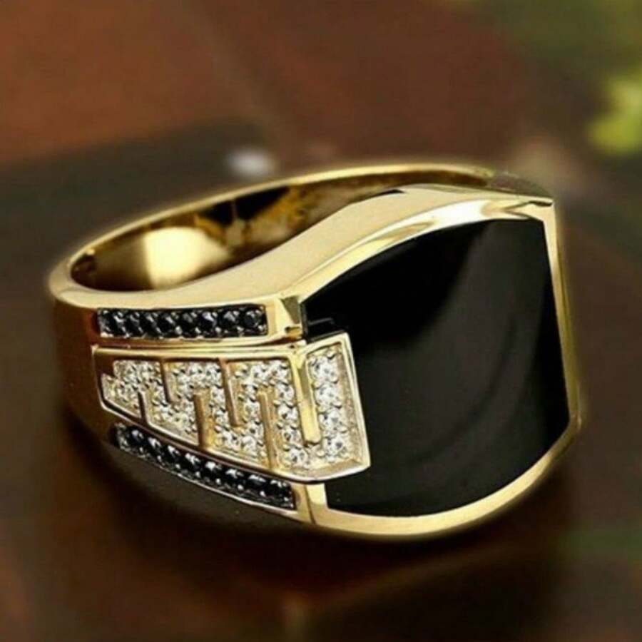 1 Men's Luxury Golden Ring With Black Faux Zirconia - Stylish Hip Hop Business Design, Perfect Birthday Gift For Him, Business Accessories, Elegant Golden Ring - Bạc - Xem 1