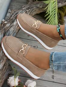 女士平底乐福鞋，时尚金属扣装饰女士休闲一脚蹬鞋，舒适妈妈/学生装 - 杏色 - 查看 2