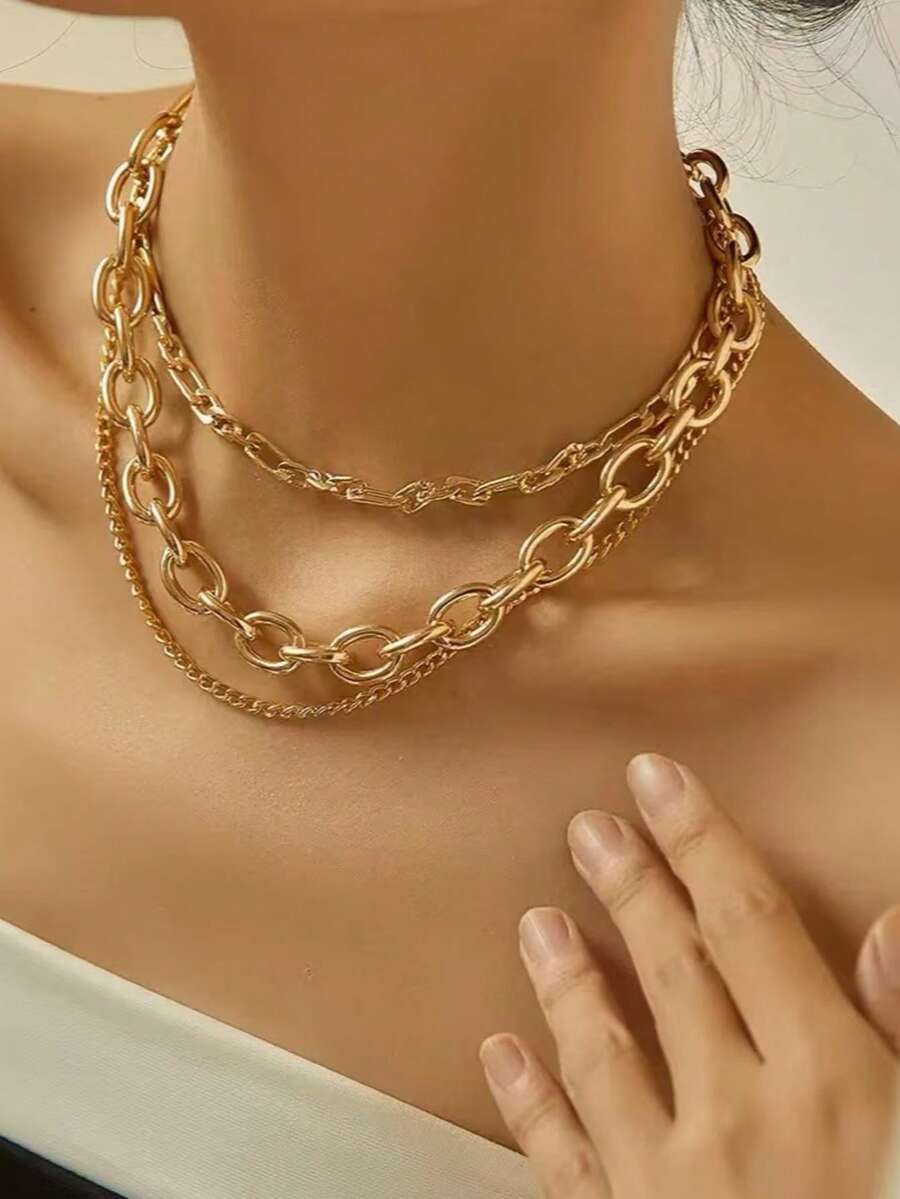 3pcs Multi-Layer Necklace Set, Exaggerated Punk Hip Hop Thick Chain Necklaces For Women, Suitable For Daily Wear, Commuting And Versatile - Yellow Gold - View 1