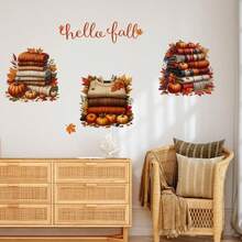 “你好秋天”秋季枫叶墙贴 - 自粘秋季装饰，带有南瓜、折叠毛衣或书籍和暖色调，适用于客厅、卧室、走廊 - 耐用塑料季节性家居装饰、秋季家居装饰、节日房间装饰、秋季主题艺术品、易于粘贴的贴纸、舒适的秋季主题、高品质 PVC、DIY 爱好者