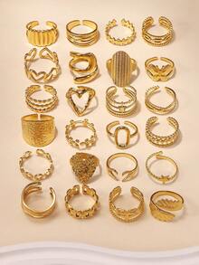 6/16/12/24件不锈钢金色几何图案混合优质戒指套装，款式随机发货，尺寸可调，适合女性日常装饰或送礼 - 金黃色 - 查看 3