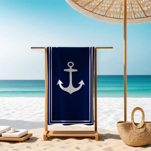 1pc Modern Navy Blue Anchor Pattern Beach Towel, 100% Polyester, Quick-Dry, Super Absorbent, Machine Washable, Knitted Rectangular Digital Printed Beach Towel