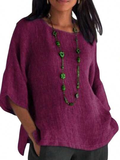 Women Fashion Casual Shirts Solid Color 3/4 Sleeve Round Neck Blouses Summer Loose Tops Streetwear
