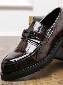 男士皮鞋，英伦风格，厚底增高鞋，压花乐福鞋，休闲商务正装莫卡辛鞋 - 棕色 - 查看 4