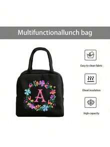 1pc Insulated Bag, Insulated Lunch Bag, With Colored Floral Initials A-Z, School Refrigerated Box, Handbag, Lunch Box, Ice Pack, Picnic Food Handbag, Floral Letter Patterned Lunch Box, Canvas Lightweight Portable Lunch Storage Bag, School Office Picnic Lunch Tote Bag (Black) Lunch Bag For Women Cooler Bag - Black - View 9