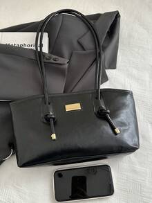 1 pieza Bolso de bolos de unicolor de PU con cierre de cremallera acolchado, gran capacidad, bolso de hombro de moda, estilo retro - Negro - Ver 8