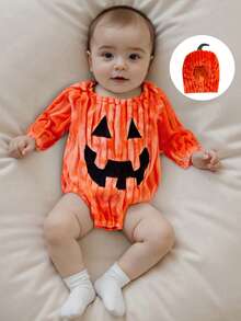 Infant Baby Halloween Bubble Romper Pumpkin Ghost Embroidery Long Sleeve Bodysuit With Hat Clothes Set - Orange - View 1