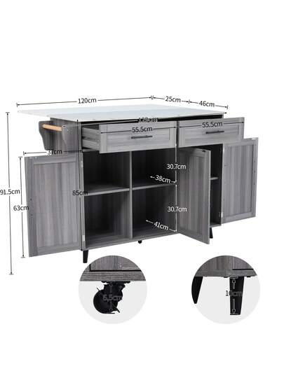 Kitchen Isl Sideboard Marble Effect Worktop, Extendable Tabletop Storage Space, Serving Trolley Wheels Drawers, Ideal Dining Room view 4