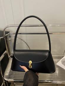 Bolso baguette de concha retro con decoración de cerradura de metal de cuero PU suave, bolso de hombro para mujer, nuevo bolso de mano para dama, bolso cuadrado pequeño - Negro - Ver 2