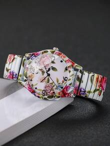 1pc Women's Printed Elastic Strap Casual Digital Scale Dial Quartz Watch, Fashion Classic Character Watch, No Watch Box Included - White - View 4