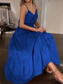 Vestido Liso Para Mujer Con Tirantes,Vestido Con Cintura Fruncida Y Elástico, Vestido Largo Con Ribete Fruncido - Azul - Ver 4