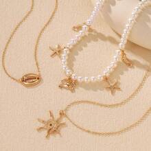 Ocean-Style Beach Shell Necklace, Shell Beads + Starfish Shell Multi-Layer Pendant, Vacation Outfit, Seaside Photo Shoot, Bonfire Party - Gold - View 3