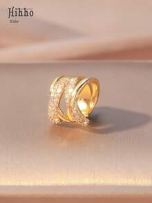 Hihho 1 pieza Pendientes tipo abrazadera de cobre con diseño retro y multicapa de circonita cúbica de moda para mujeres - Amarillo Oro - Ver 6