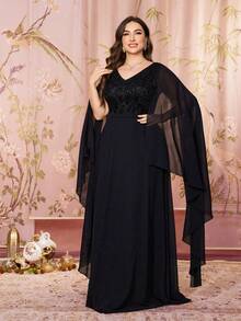 SUPGIR Plus Women's V-Neck Sequin Patchwork Floating Piece Sleeve Slim-Fitting Chiffon Elegant Evening Dress