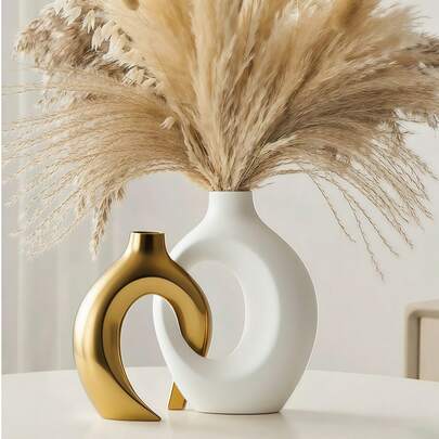 白金/金/白两件套花瓶，简约北欧波西米亚风格装饰花瓶，适用于客厅、书架、餐桌、房间、壁炉、门廊等场所。也是节日礼物和圣诞礼物的理想之选。