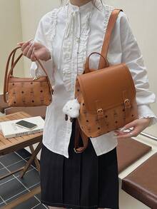 女士 PU 皮革兔子印花翻盖背包 + 单肩包套装（含毛绒钥匙扣），时尚实用的通勤包